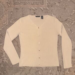 Hillard & Hanson Cream Button-Up Silk Cardigan Scalloped Neckline XS